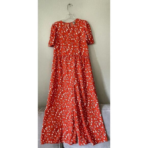 ASOS Size 2 Orange Floral Print Wide Leg Jumpsuit Bright Short Sleeve Boho READ - Picture 1 of 10